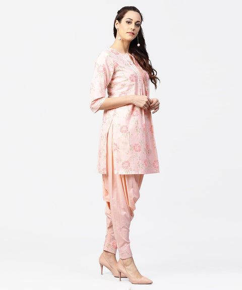 Peach printed 3/4th sleeve pleated kurti with ankle length block printed salwar