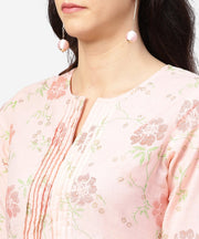 Peach printed 3/4th sleeve pleated kurti with ankle length block printed salwar