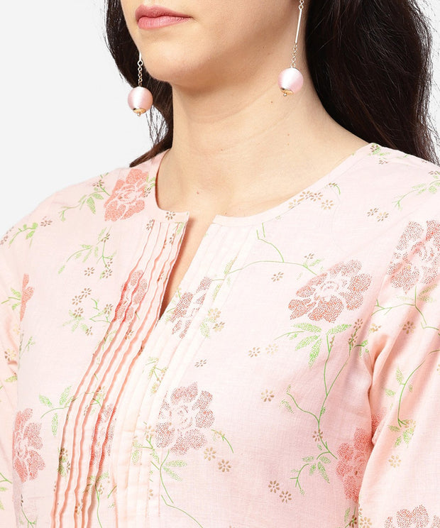 Peach printed 3/4th sleeve pleated kurti with ankle length block printed salwar