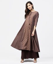 Grey printed 3/4th sleeve A-line cotton kurta with dori work at yoke