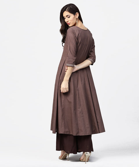 Grey printed 3/4th sleeve A-line cotton kurta with dori work at yoke