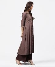 Grey printed 3/4th sleeve A-line cotton kurta with dori work at yoke