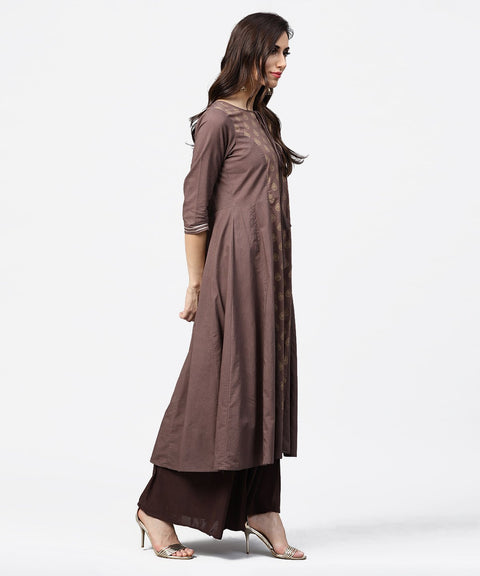 Grey printed 3/4th sleeve A-line cotton kurta with dori work at yoke