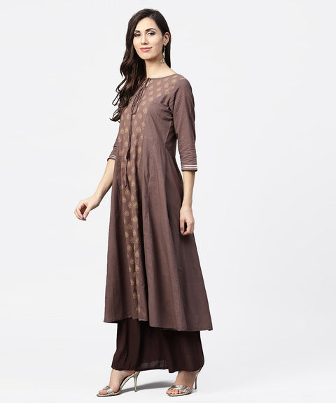 Grey printed 3/4th sleeve A-line cotton kurta with dori work at yoke