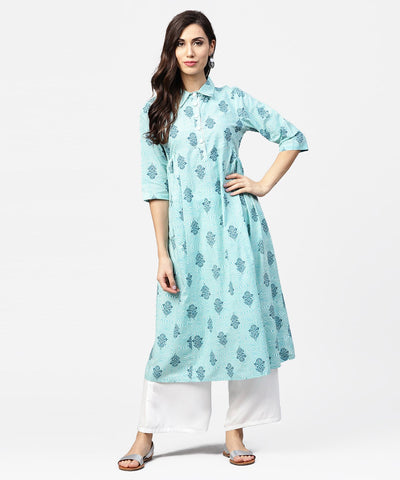 Blue printed 3/4th sleeve cotton Anarkali kurta