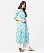 Blue printed 3/4th sleeve cotton Anarkali kurta