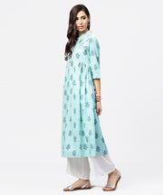 Blue printed 3/4th sleeve cotton Anarkali kurta