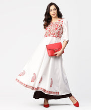 White & Red block printed 3/4th sleeve cotton anarkali kurta
