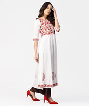 White & Red block printed 3/4th sleeve cotton anarkali kurta