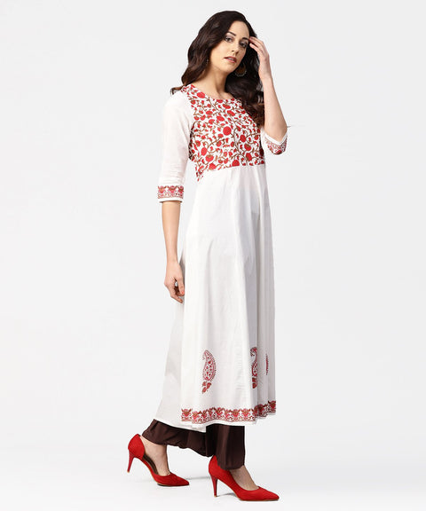 White & Red block printed 3/4th sleeve cotton anarkali kurta