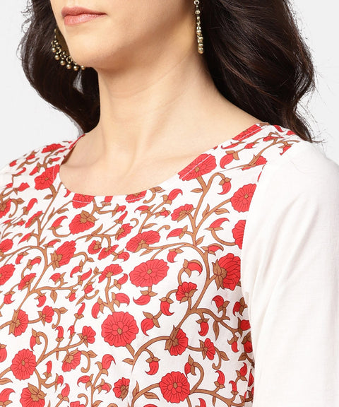 White & Red block printed 3/4th sleeve cotton anarkali kurta