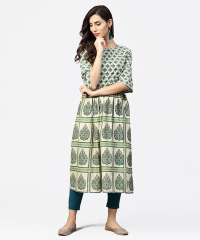 Green printed half flared sleeve A-line kurta
