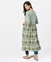 Green printed half flared sleeve A-line kurta