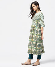 Green printed half flared sleeve A-line kurta