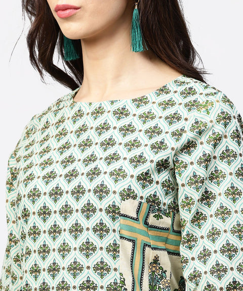 Green printed half flared sleeve A-line kurta