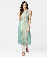 Turquoise blue sleeveless cotton long kurta