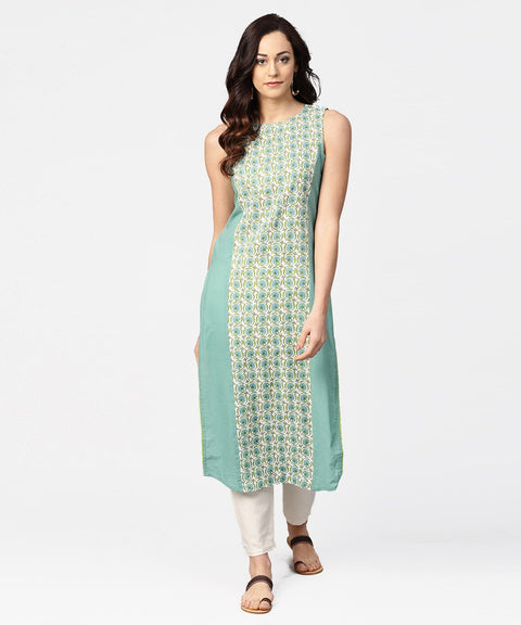 Turquoise blue sleeveless cotton long kurta