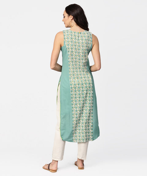 Turquoise blue sleeveless cotton long kurta