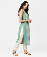 Turquoise blue sleeveless cotton long kurta
