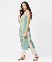 Turquoise blue sleeveless cotton long kurta