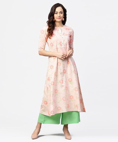 Peach 3/4th sleeve cotton printed kurta green flared pallazo