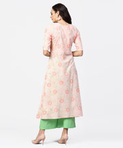 Peach 3/4th sleeve cotton printed kurta green flared pallazo
