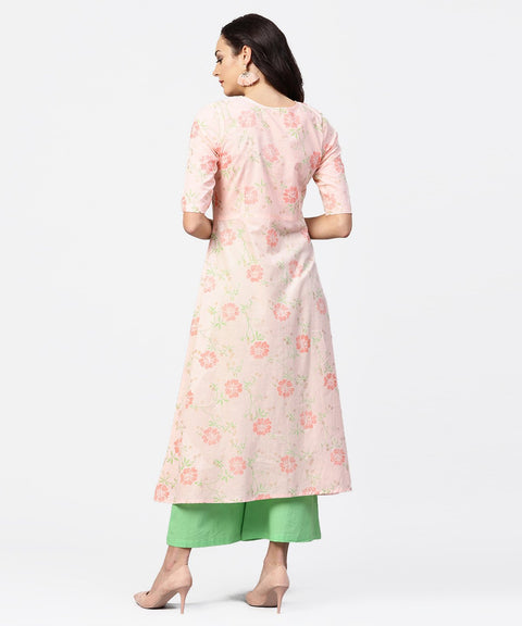 Peach 3/4th sleeve cotton printed kurta green flared pallazo