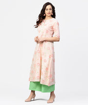 Peach 3/4th sleeve cotton printed kurta green flared pallazo