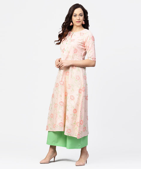 Peach 3/4th sleeve cotton printed kurta green flared pallazo