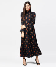 Dark blue full sleeve closed neck cotton maxi dress