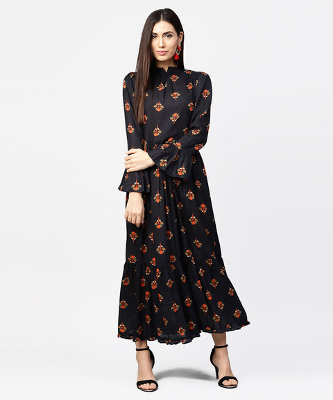 Dark blue full sleeve closed neck cotton maxi dress