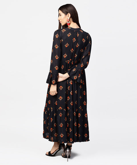 Dark blue full sleeve closed neck cotton maxi dress