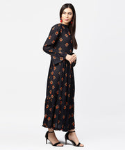 Dark blue full sleeve closed neck cotton maxi dress
