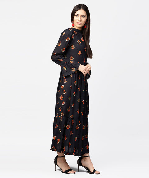 Dark blue full sleeve closed neck cotton maxi dress