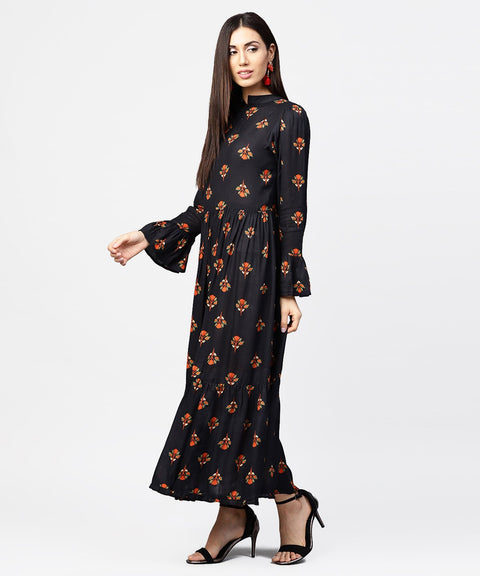 Dark blue full sleeve closed neck cotton maxi dress