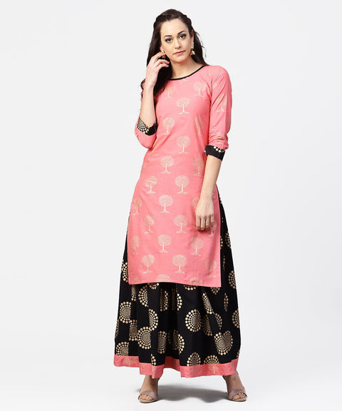 Peach 3/4th sleeve cotton printed kurta with black printed ankle length skirt