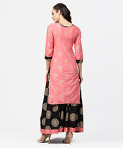 Peach 3/4th sleeve cotton printed kurta with black printed ankle length skirt