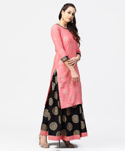 Peach 3/4th sleeve cotton printed kurta with black printed ankle length skirt