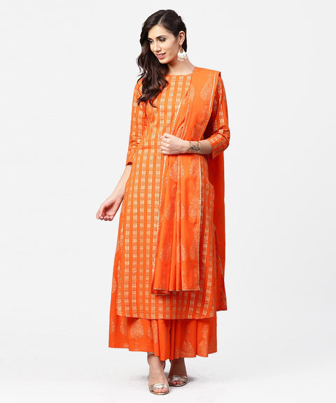 Yellow printed 3/4th sleeve cotton A-line kurta with flared pallazo & dupatta