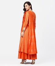 Yellow printed 3/4th sleeve cotton A-line kurta with flared pallazo & dupatta