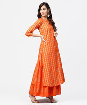 Yellow printed 3/4th sleeve cotton A-line kurta with flared pallazo & dupatta