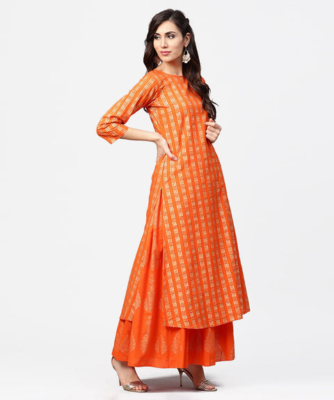 Yellow printed 3/4th sleeve cotton A-line kurta with flared pallazo & dupatta