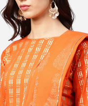 Yellow printed 3/4th sleeve cotton A-line kurta with flared pallazo & dupatta