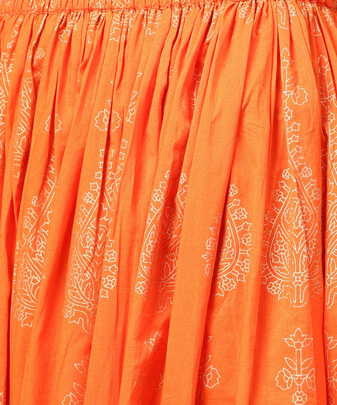 Yellow printed 3/4th sleeve cotton A-line kurta with flared pallazo & dupatta