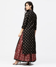 Black printed 3/4th sleeve cotton kurta with red printed flared skirt