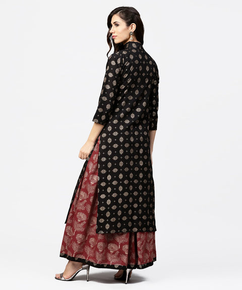 Black printed 3/4th sleeve cotton kurta with red printed flared skirt