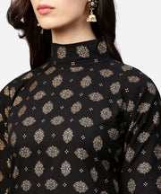 Black printed 3/4th sleeve cotton kurta with red printed flared skirt