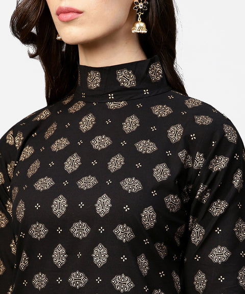 Black printed 3/4th sleeve cotton kurta with red printed flared skirt