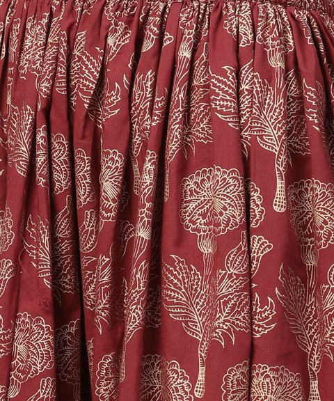 Black printed 3/4th sleeve cotton kurta with red printed flared skirt