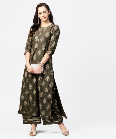 Dark grey printed 3/4th sleeve cotton printed a-line kurta with printed pallazo